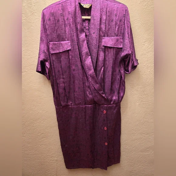 Vintage Dan Vali Silk Dress Purple Metallic Midi Belted Statement Canada - Picture 8 of 11